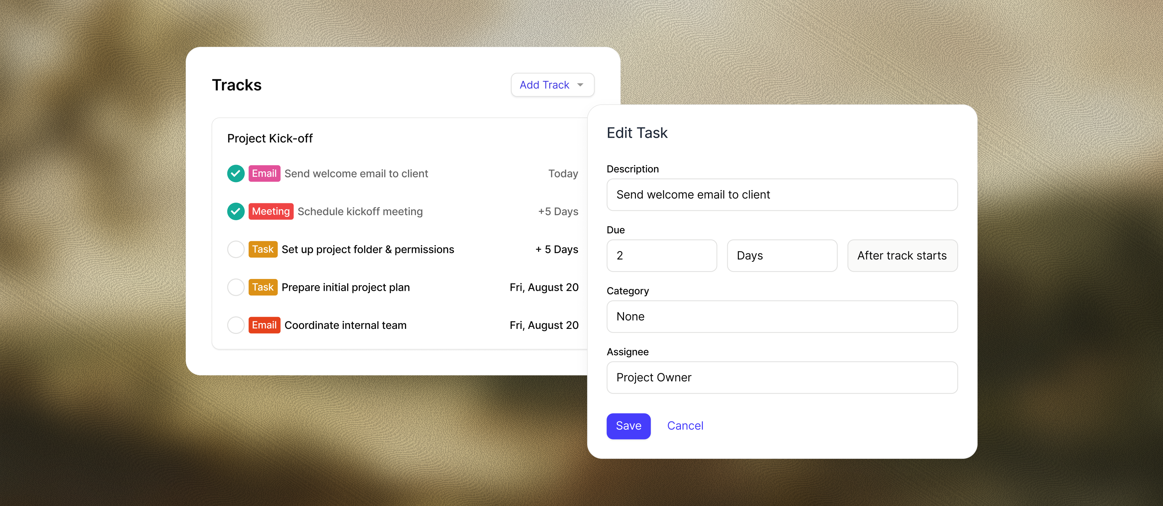 Software UI showing a "Tracks" list of project tasks and an "Edit Task" form open for a task titled "Send welcome email to client."