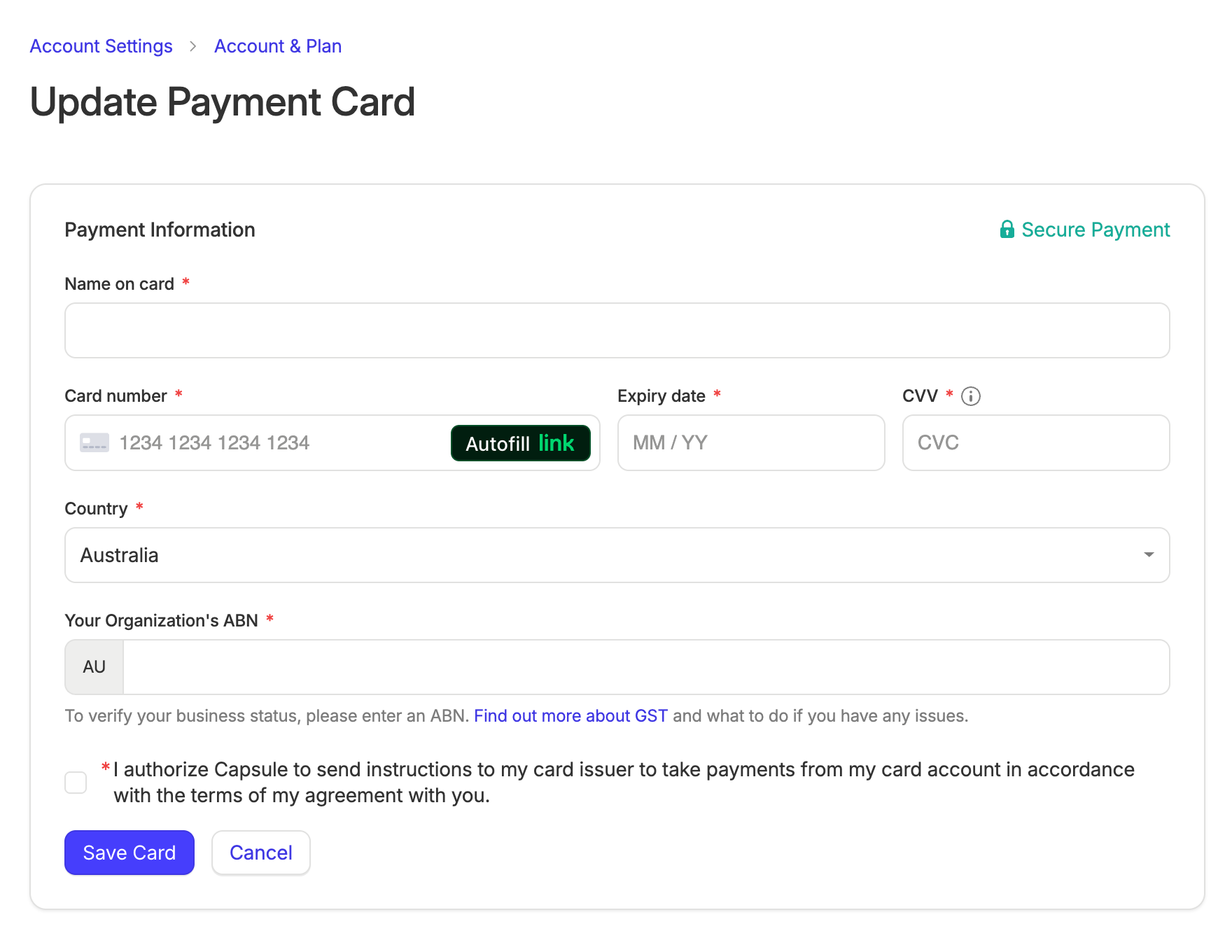 mostrar el campo ABN para la acción de añadir o actualizar tarjeta en la configuración de la cuenta de Capsule