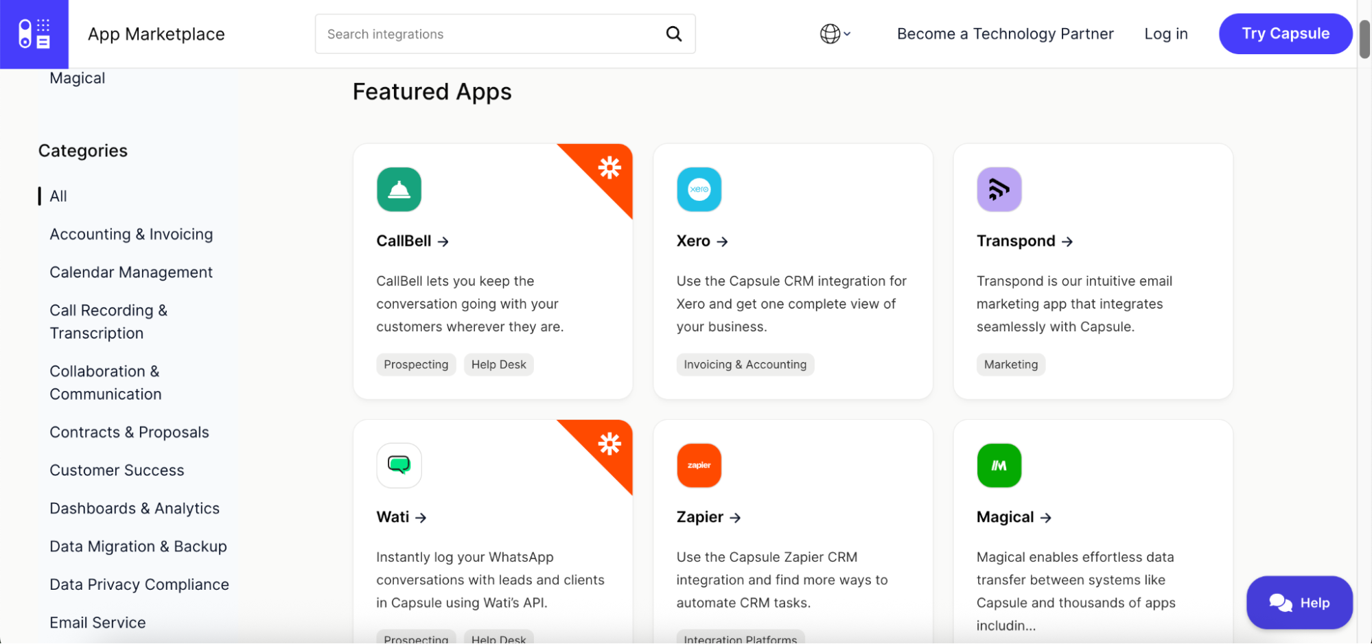 Capsule CRM App Marketplace showing integration cards for CallBell, Xero, Transpond, Wati, Zapier, and Magical with brief descriptions.