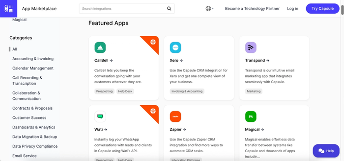 Capsule CRM App Marketplace showing integration cards for CallBell, Xero, Transpond, Wati, Zapier, and Magical with brief descriptions.