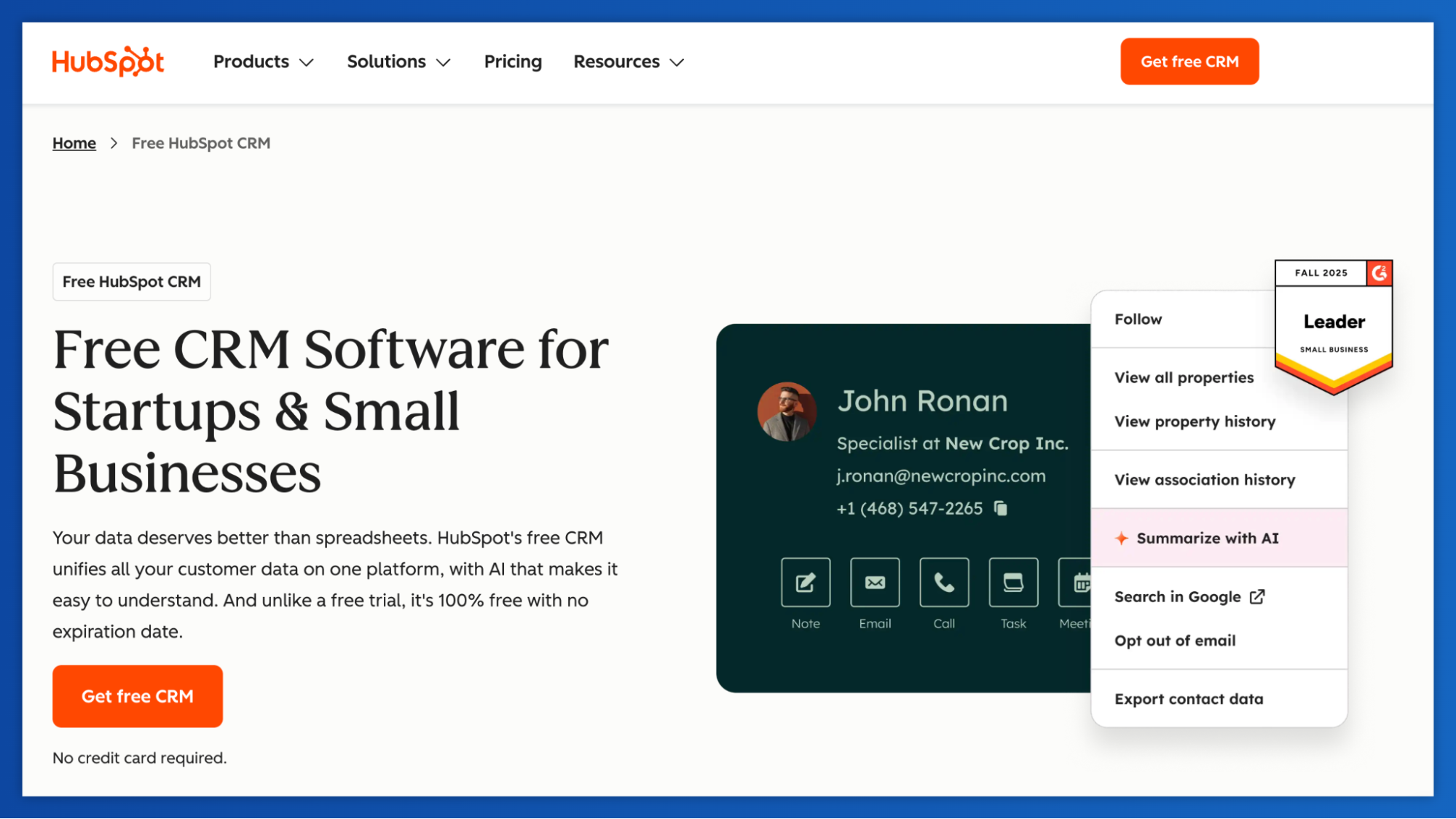 A HubSpot webpage displays a contact card for John Ronan with a dropdown menu highlighting "Summarize with AI" and a "Leader" badge, alongside text for free CRM software.