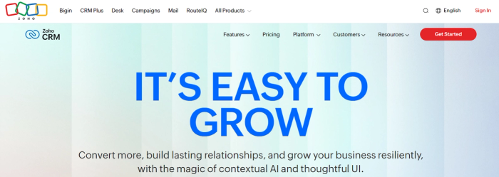 Zoho CRM landing page with the headline "IT'S EASY TO GROW".