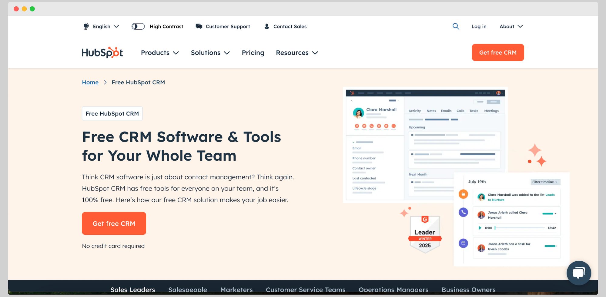 Página de inicio de HubSpot CRM promocionando software CRM gratuito para equipos enteros, mostrando paneles de control, vistas previas de actividad de usuario y oferta de registro sin tarjeta de crédito.
