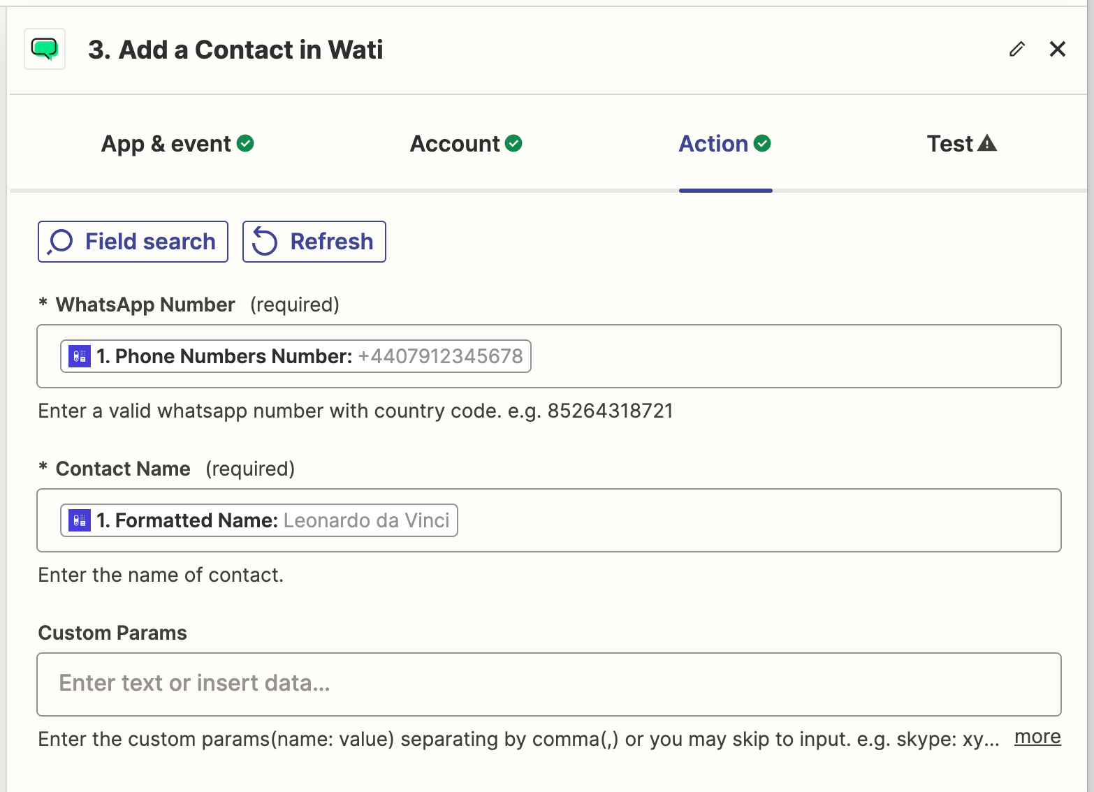 Screenshot showing the fields you needs to map for the New Contact in Wati action, with suggested options from the Capsule trigger