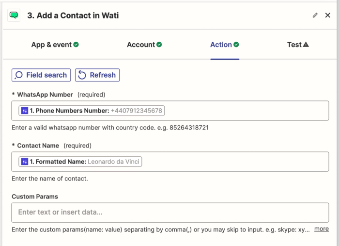 Screenshot showing the fields you needs to map for the New Contact in Wati action, with suggested options from the Capsule trigger