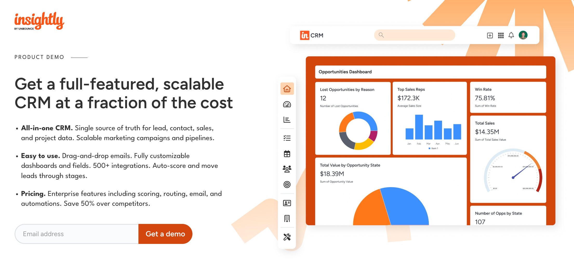 Insightly CRM dashboard displaying sales opportunities data alongside promotional text.