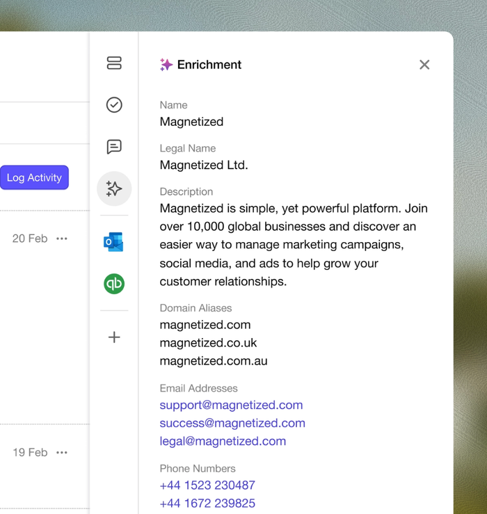 Enrichment panel showing details for Magnetized Ltd., including company description, domain aliases, email addresses, and phone numbers.