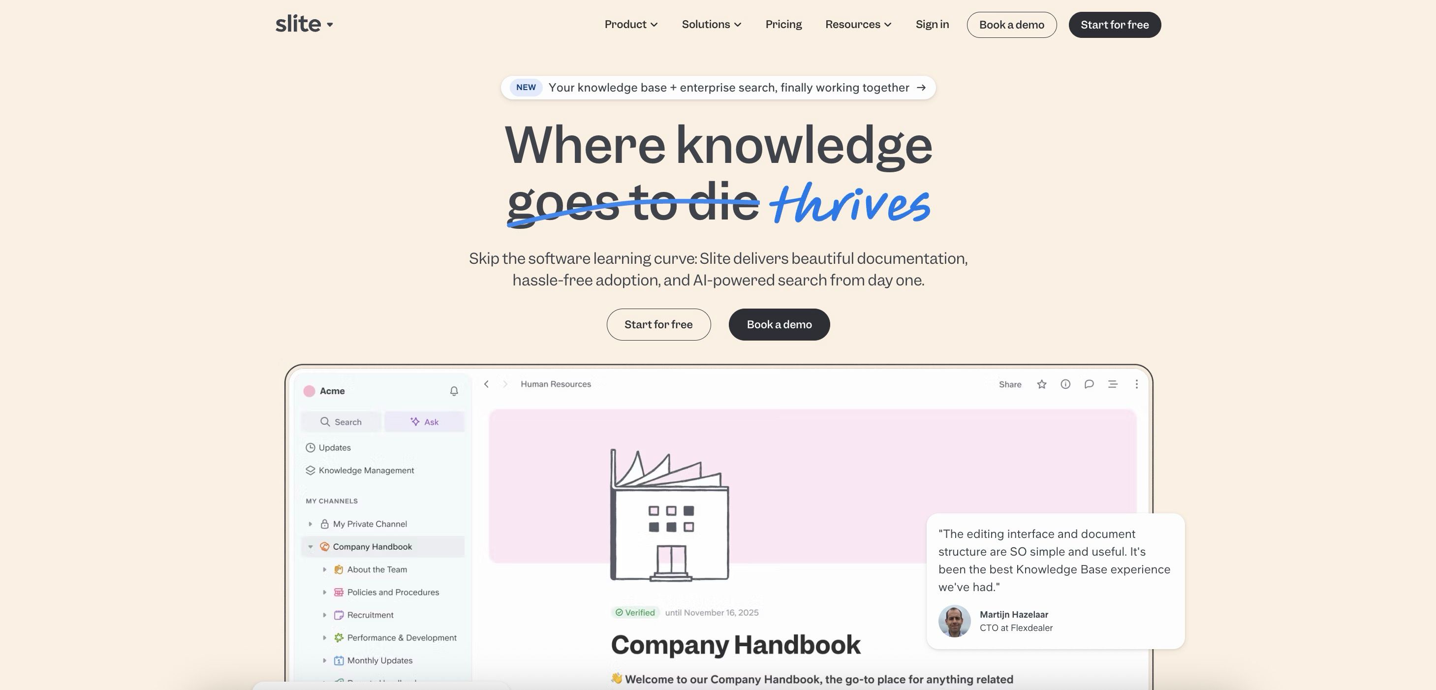 Slite's knowledge base software demonstrated on a laptop screen displaying a 'Company Handbook', with the tagline 'Where knowledge thrives'.