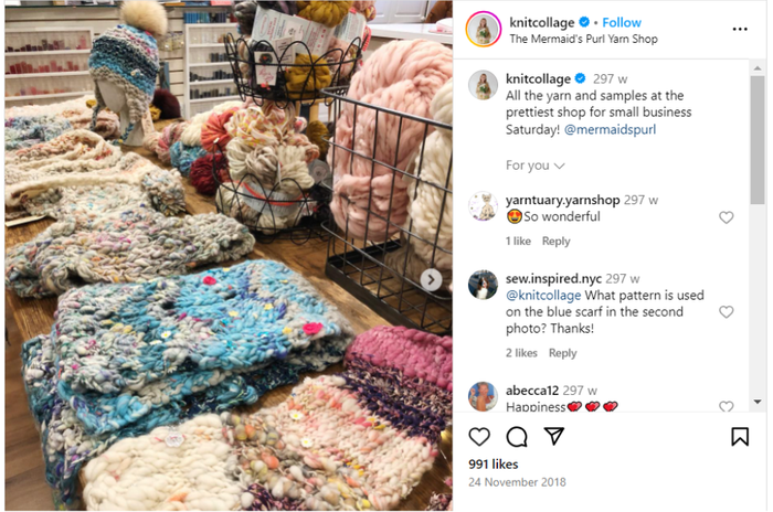 a screenshot of knitcollage yarn shop on instagram