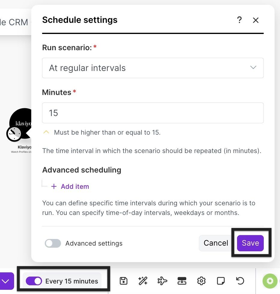 every 15 minutes button toggle on to activate make automation