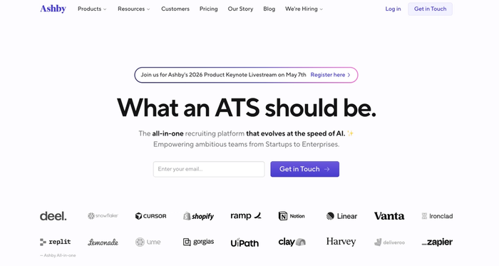 The Ashby website homepage, highlighting their AI-powered ATS and a list of client logos.