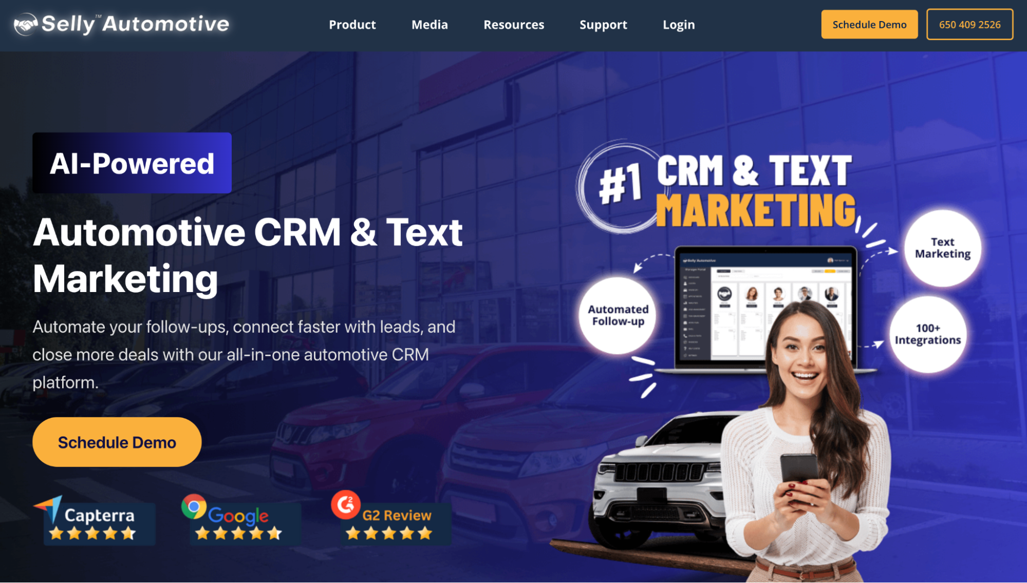 Selly Automotive banner promoting AI-Powered Automotive CRM & Text Marketing.