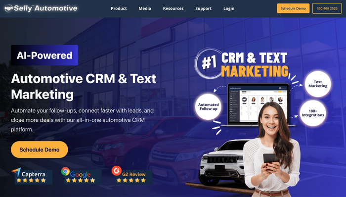 Selly Automotive banner promoting AI-Powered Automotive CRM & Text Marketing.