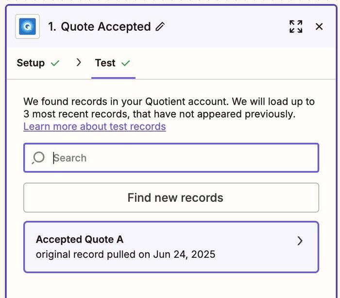 quote accepted tile with test entry highlighted