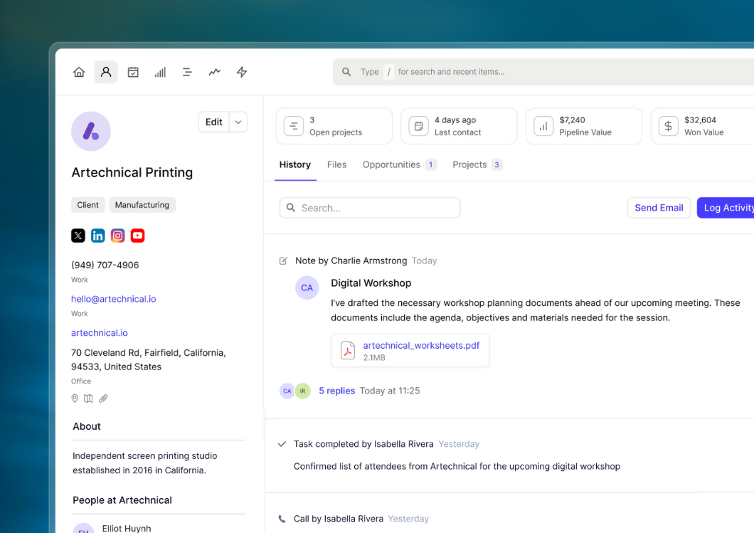 A screenshot of Capsule CRM displaying a false contact record. the user interface is clean and uncluttered