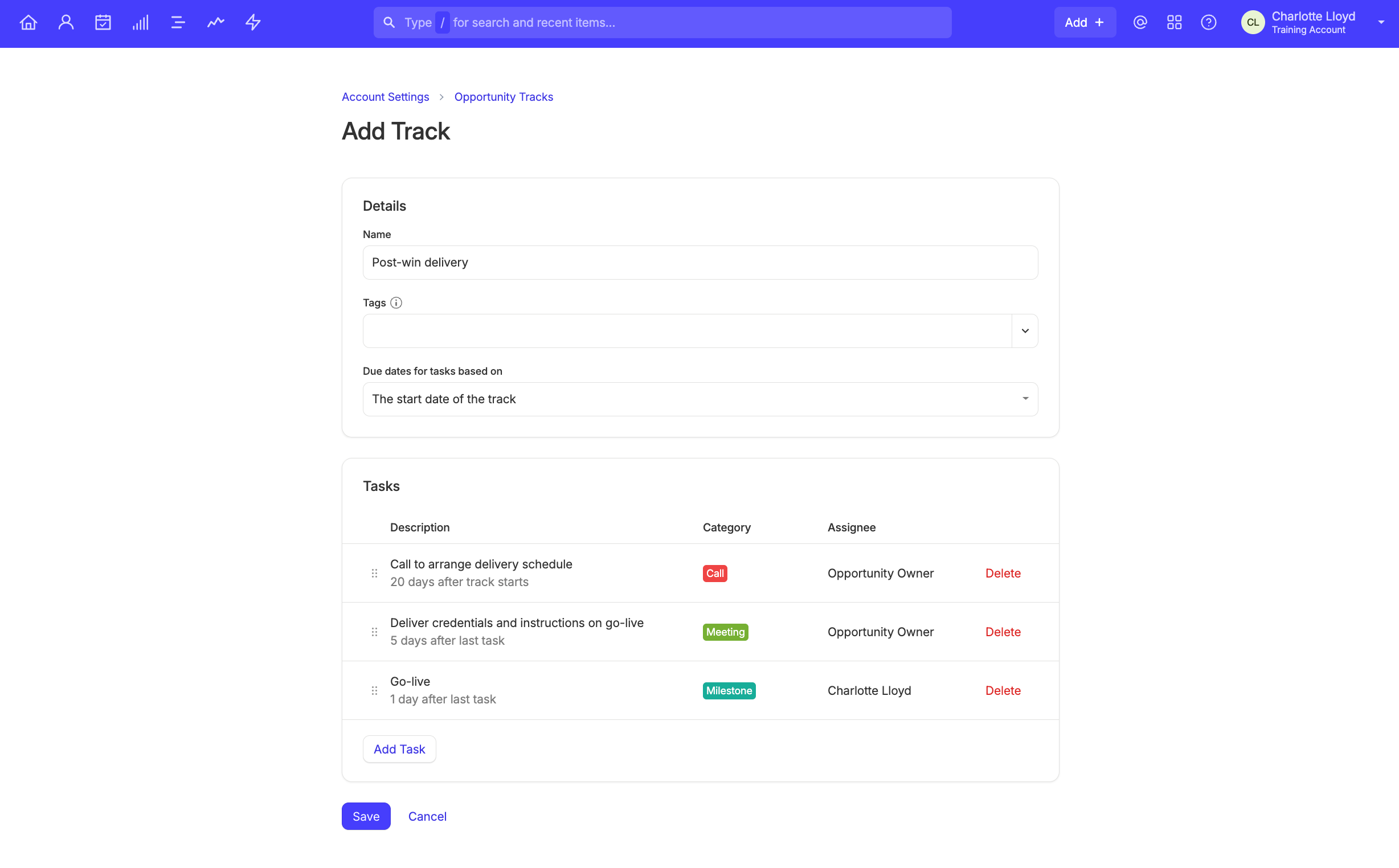 Options to edit opportunity track