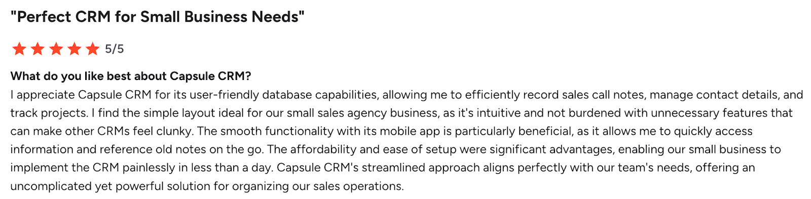 A 5/5 star review for Capsule CRM, titled 'Perfect CRM for Small Business Needs', praising its user-friendly design and mobile app.