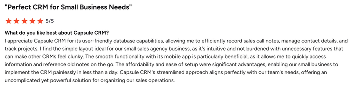 A 5/5 star review for Capsule CRM, titled 'Perfect CRM for Small Business Needs', praising its user-friendly design and mobile app.