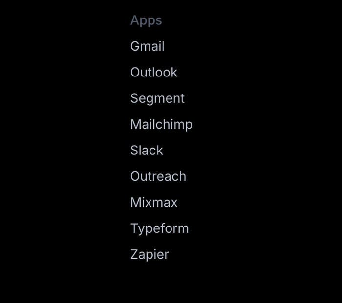List of apps: Gmail, Outlook, Segment, Mailchimp, Slack, Outreach, Mixmax, Typeform, Zapier.