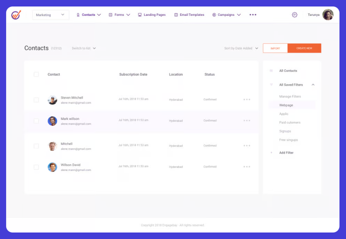 EngageBay CRM's contacts.