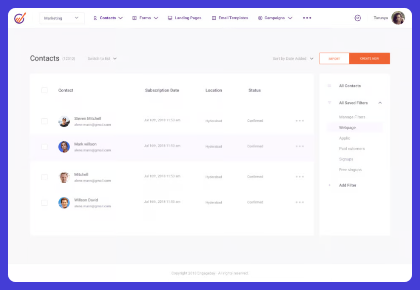 EngageBay CRM's contacts.