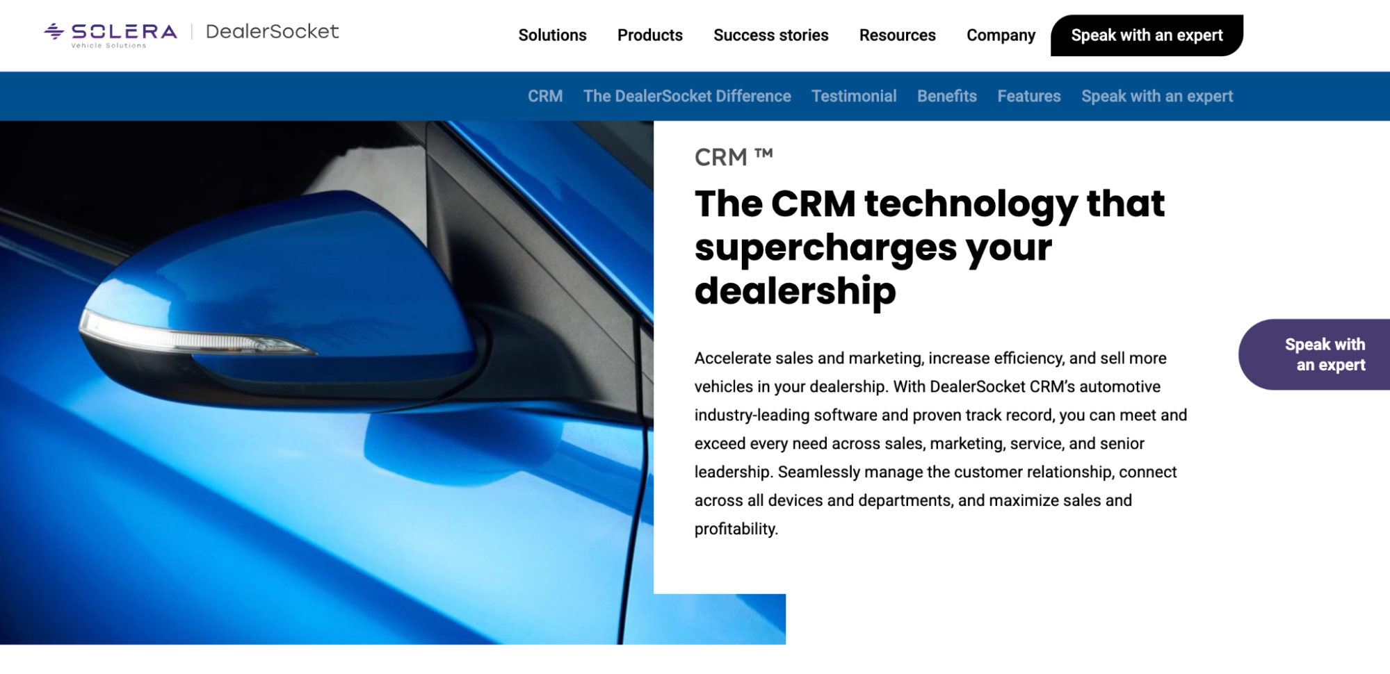 Solera DealerSocket website promoting CRM technology with a blue car.