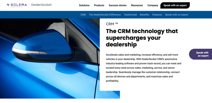 Solera DealerSocket website promoting CRM technology with a blue car.