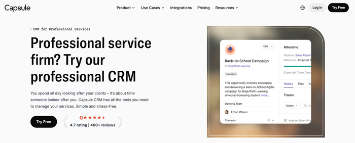 Capsule CRM website landing page with a headline promoting its CRM for professional services and a preview of its campaign management interface.