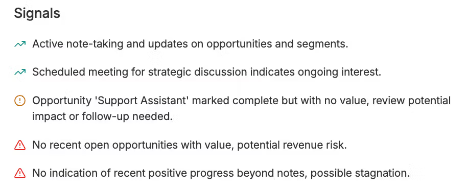 AI Meeting Prep provides Signals, separated into Strengths, Considerations and Risks