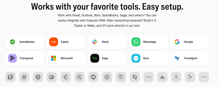Heading 'Works with your favorite tools. Easy setup.' with logos for integrations like Quickbooks, Zapier, Slack, WhatsApp, Google, Microsoft, Sage, Xero, and FreeAgent.