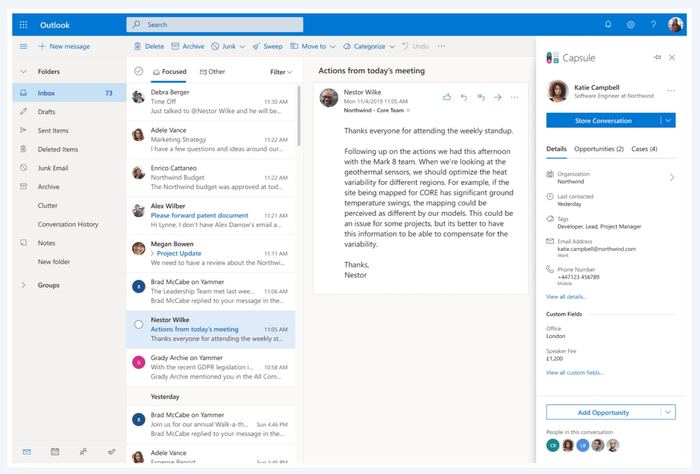 A three-pane view of Microsoft Outlook, displaying an email from Nestor Wilke and a contact sidebar for Katie Campbell.