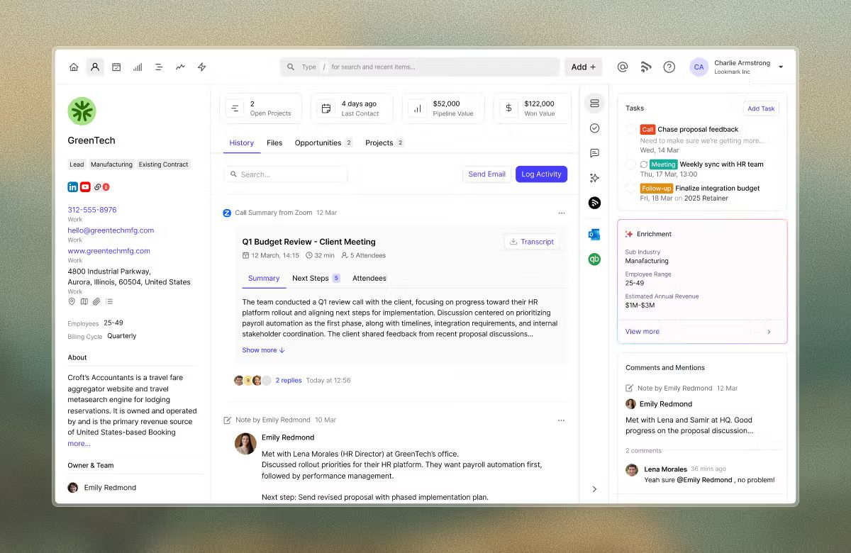 This image shows an Organization record in Capsule CRM with a new activity at the top. The activity is a Zoom call summary with next steps and attendees