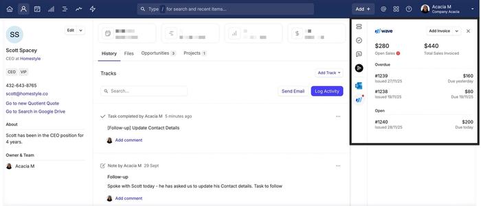 example contact showing wave integration sidepanel