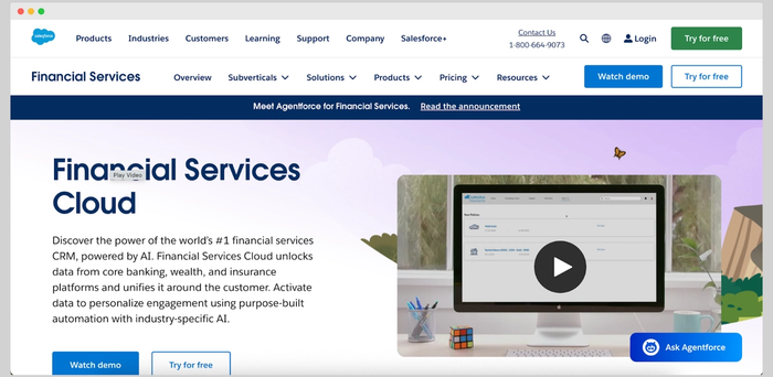 Salesforce Financial Services Cloud page highlighting industry-specific AI tools for banking, wealth, and insurance sectors, with demo and free trial buttons.