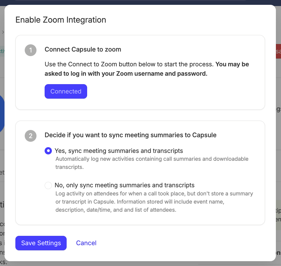 zoom integration transcript sync settings with full transcript sync enabled 