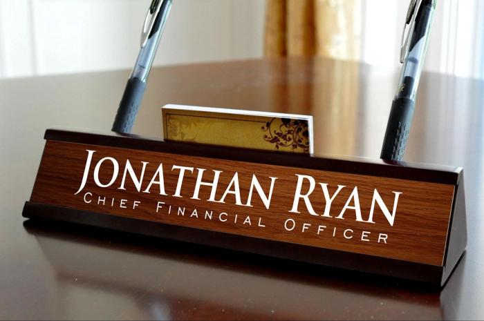 Customized desk nameplate as one of the example of client gift ideas.