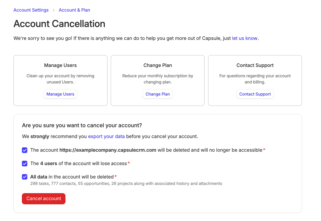 Cancel account area on the account settings page displaying checkboxes with account information before final confirmation