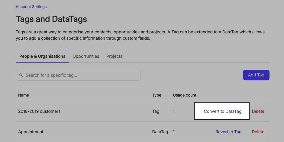 Uma lista de tags com a opção de converter para DataTag