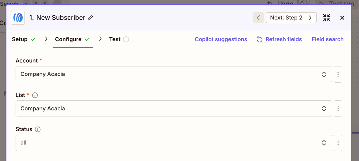 configurar la pestaña en Zapier con la cuenta de AWeber, la lista y el estado completados