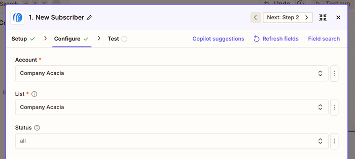 configure tab in zapier with aweber account, list and status populated