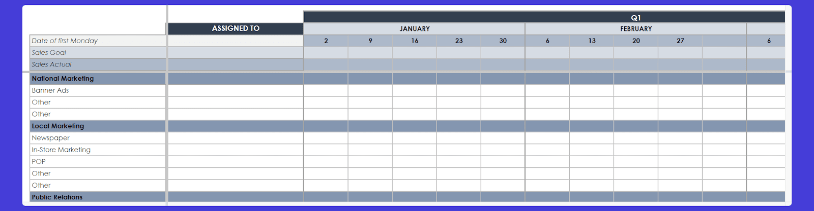 Marketing campaign calendar Google Sheets template
