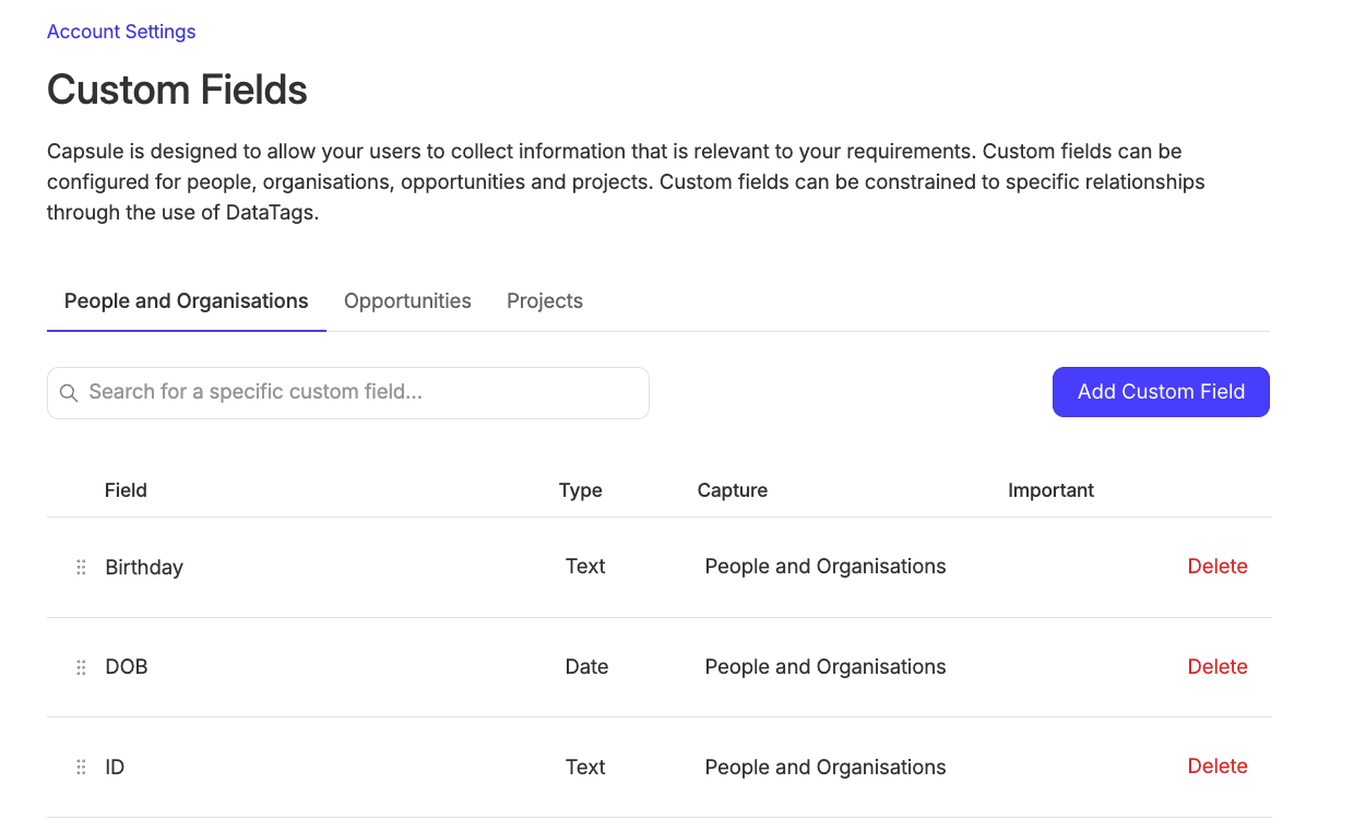 List of custom fields for people and organizations
