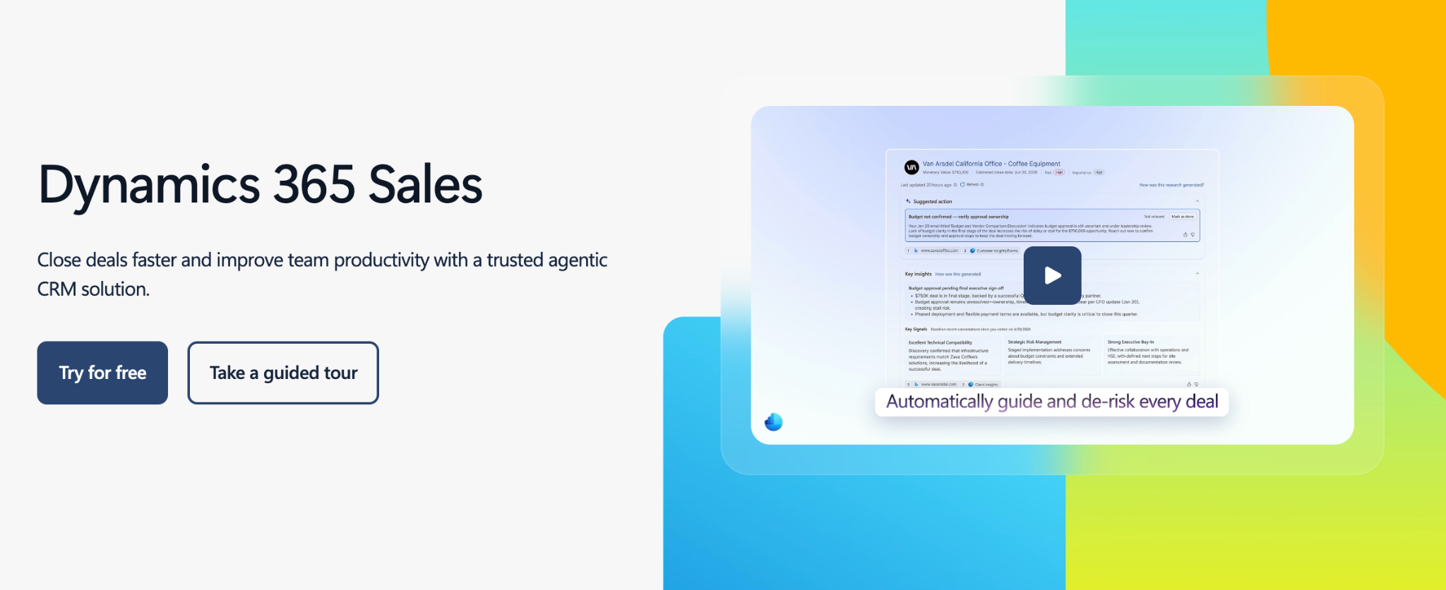 Dynamics 365 Sales landing page with product information, "Try for free" and "Take a guided tour" buttons, and a screenshot of the software with a video player and the text "Automatically guide and de-risk every deal."