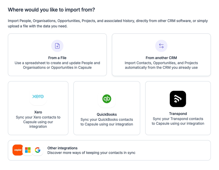 A screenshot shows the import screen in the Capsule app. From here you can import data from a file, another CRM and other apps