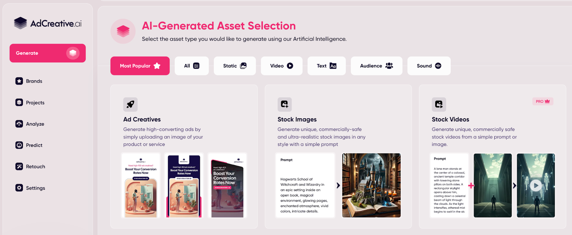 una captura de pantalla de un sitio web que dice " selección de activos generada por IA "