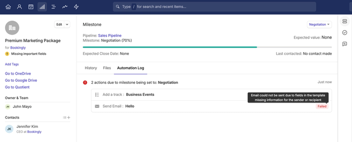 showing automation tab for a workflow automation with failed opportunity action
