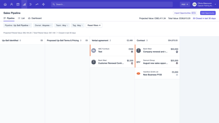 Example of a custom pipeline for upselling in Capsule Sales Pipeline