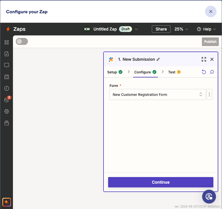mostrando el desencadenador en Zapier para un formulario de registro de nuevo cliente