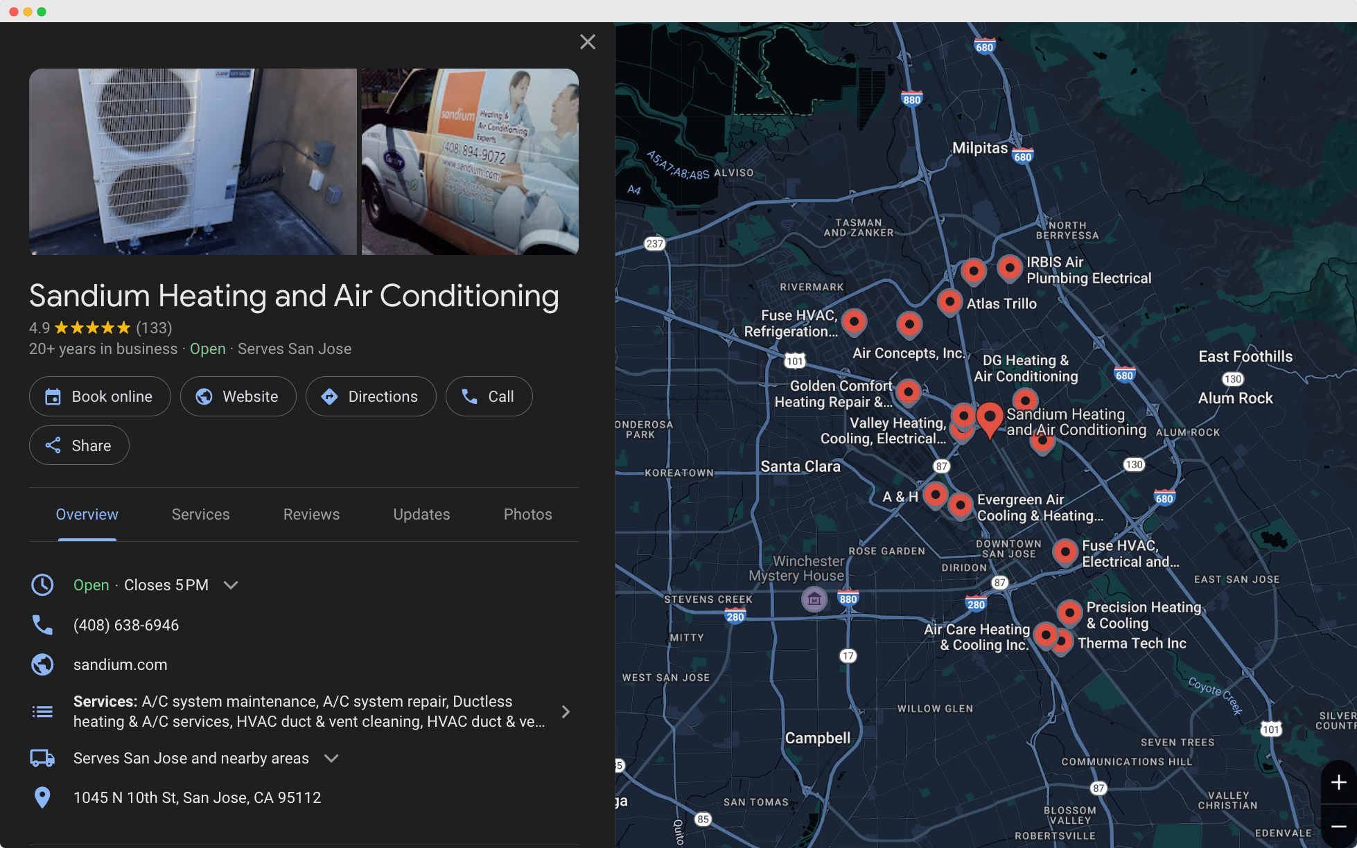 A Google Map showing the location of sandium heating and air conditioning.