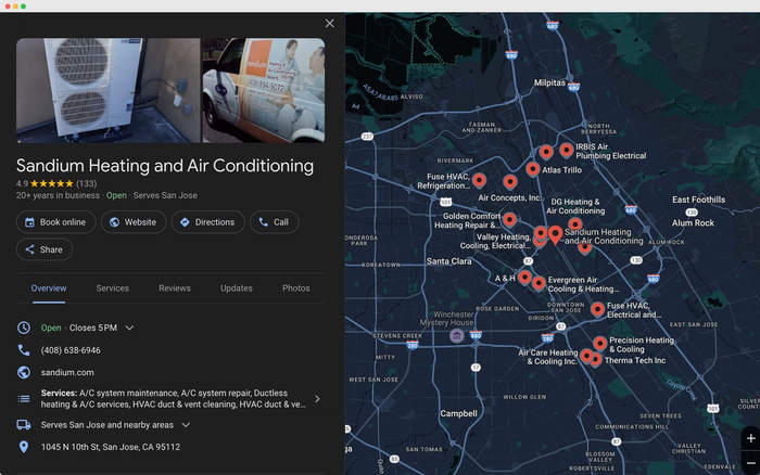 A Google Map showing the location of sandium heating and air conditioning.